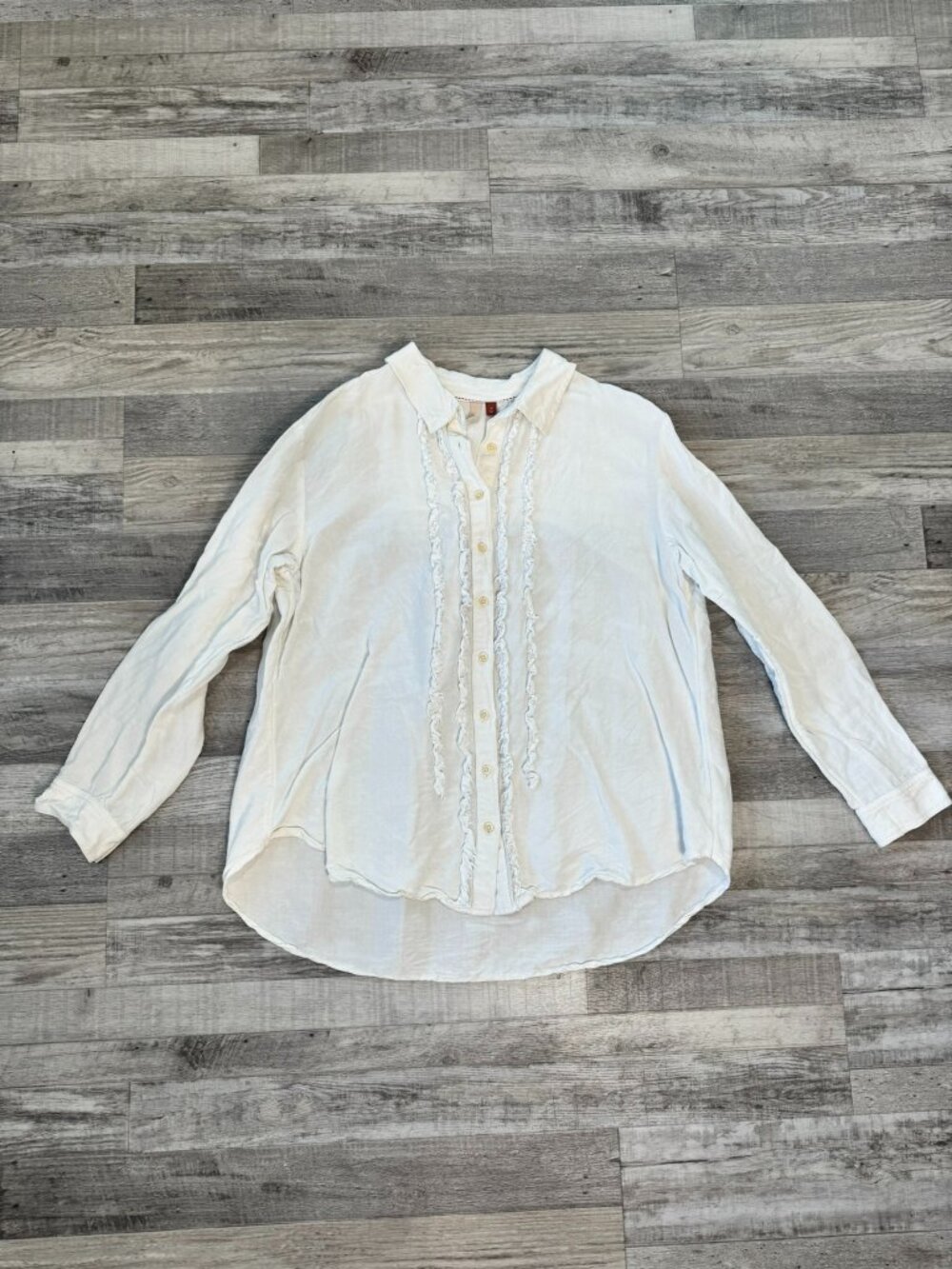 Anthropologie Pilcro white raw edge ruffle long sleeve linen top size XL D26